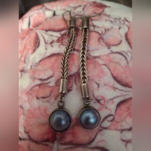 Sterling Silver Braided Drop Earrings with Mabe Blue Gray Pearl Accent